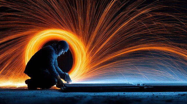 Man creates fiery vortex with spinning steel wool at night, sparks flying in a dramatic display