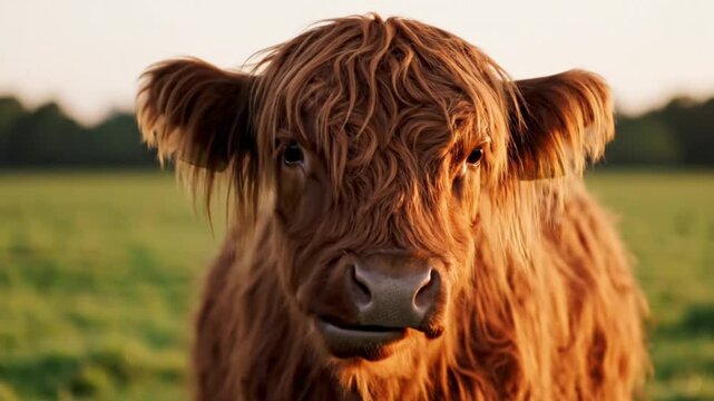 Portrait of a Highland Cow in a Pasture at Sunset
