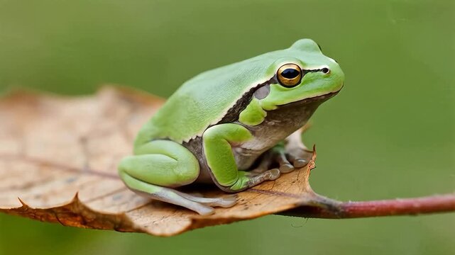 Green frog perched on leaf