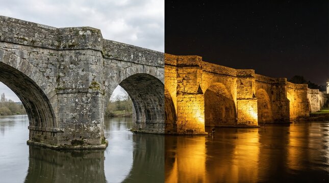 Ancient stone arch bridge dramatically illuminated at night over water