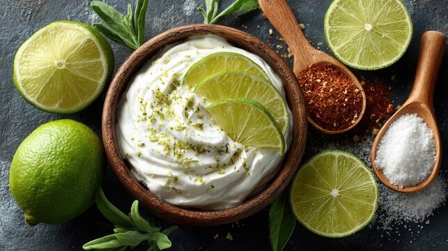 flat lay composition of yogurt bowl with lime slices and probiotic foods, clean minimal background, gut health concept, fresh and healthy arrangement