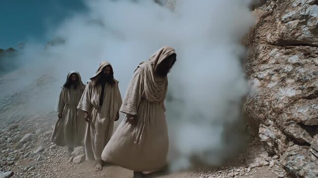 Group of hooded figures in white robes emerging from smoky cave entrance in rocky desert landscape. Mystical procession sequence showing spiritual awakening and ancient ritual journey concept.