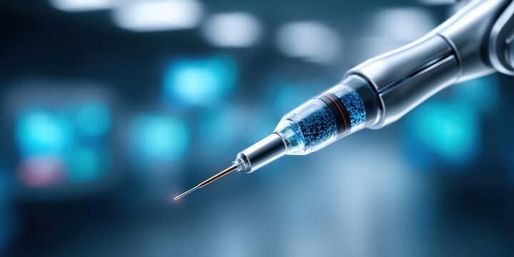 Advanced robotic arm with precise needle dispensing microparticles in a futuristic laboratory setting