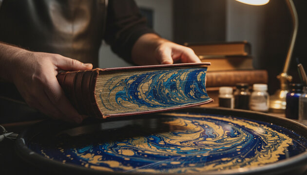 Traditional bookbinding edge marbling process with blue and gold ink