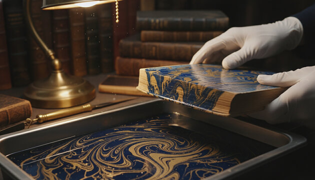 Traditional bookbinding edge marbling process with blue and gold ink