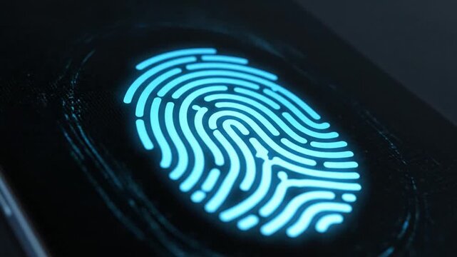Digital biometric fingerprint scan on a dark mobile device screen