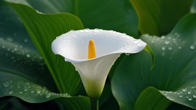 White calla lily flower with green leaves and water droplets