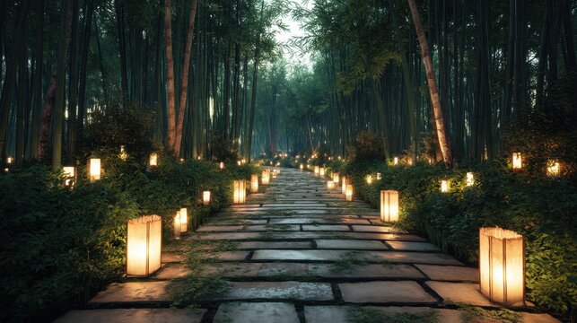 Stone path through green bamboo forest lit by glowing paper lantern. Magical atmosphere in nature park. Evening walk in oriental garden for meditation, peaceful escape and zen journey.