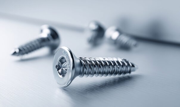 Close-up macro shot of shiny metal screws with star drive heads on a brushed metal surface