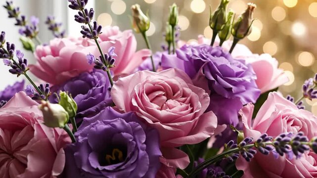 Close-up of a floral bouquet featuring light pink roses and purple eustoma flowers with lavender sprigs against a warm golden bokeh background with soft lighting.