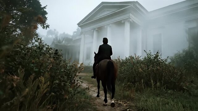 Man riding horse along foggy path to white mansion. Rider approaching historic building through misty overgrown woods in autumn.