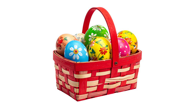 Easter eggs in a red designed basket, isolated on transparent background, PNG