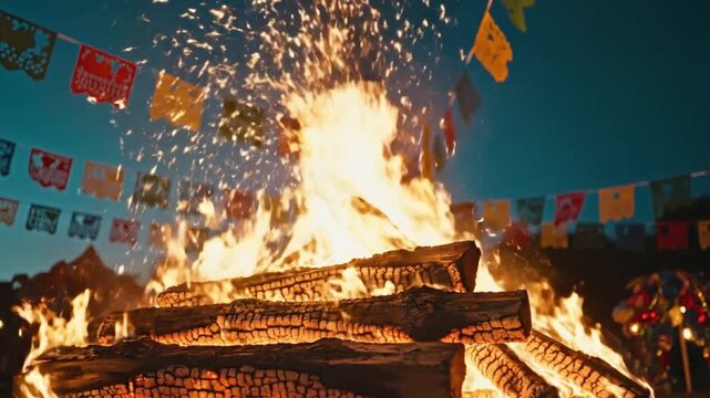Festa Junina, A high-precision focus on a controlled, stylized outdoor bonfire with glowing embers and dancing sparks against a dark blue evening sky