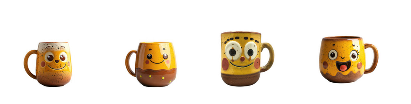 Four cute animal mugs collection isolated as PNG isolated on transparent background