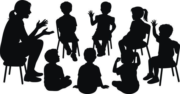 Black Silhouette Vector Illustration of a Female Teacher Talking to Children in a Circle for Classroom Education Kindergarten and Learning