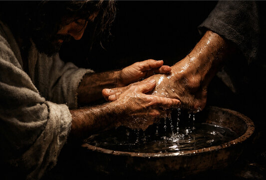 Jesus Washing Disciples Feet. Maundy Thursday Humility Christian Biblical Scene