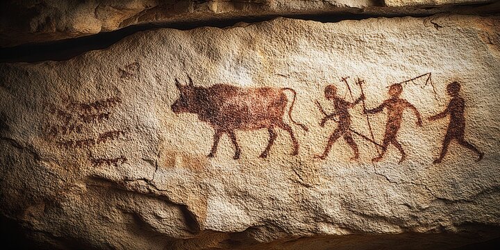 Ancient cave painting depicting hunters with spears following a bull on a rock surface Stock PH๏τo | Adobe Stock