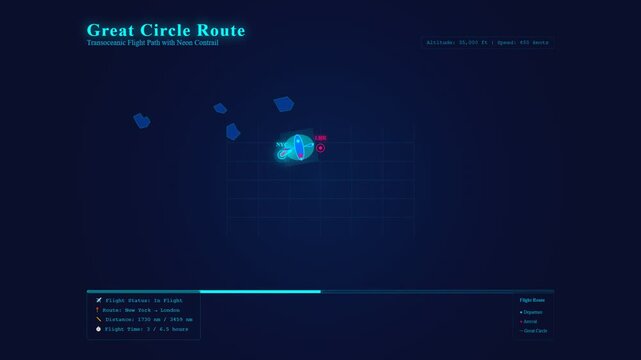 Futuristic digital map displaying a global flight path with glowing points of interest on a dark blue background.