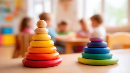 Fototapeta premium Colorful wooden stacking rings toys on a table with children in the background