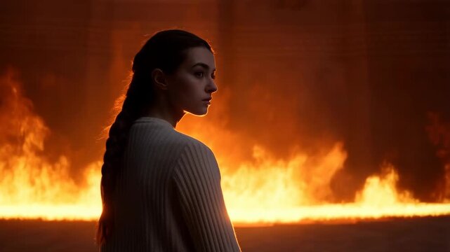 Woman with braid facing massive Novruz fire, cinematic shot from behind with warm glow featuring back view, orange, golden with flame and heat , Novruz tradition