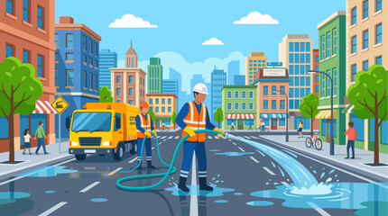 Obraz premium City workers in uniform clean a street with a hose from a service truck, surrounded by urban buildings and pedestrians under a bright blue sky.