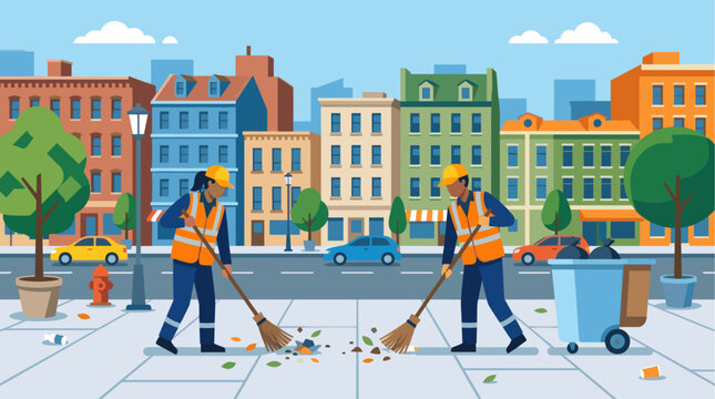 Two diverse city workers in uniform sweep debris from a sidewalk in front of colorful buildings with trees and cars, symbolizing urban maintenance and community cleanliness.