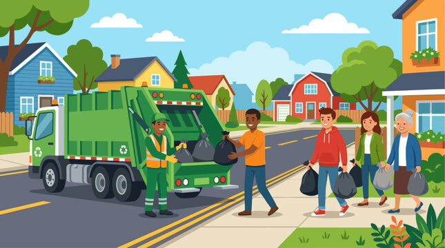 A friendly garbage truck worker collects trash bags from diverse residents on a sunny day in a clean suburban neighborhood with colorful houses.