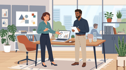 Fototapeta premium A male and female colleague discuss financial data on a laptop screen in a bright, modern office setting with plants.