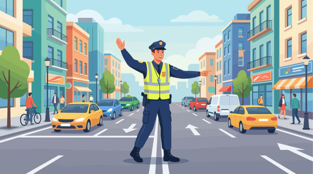 A friendly police officer in a yellow vest directs traffic in a colorful, flat design city street scene with cars, buildings, and pedestrians.