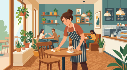 Fototapeta premium A friendly barista in an apron wipes down a table in a bright, plant-filled coffee shop where customers enjoy drinks and conversation.