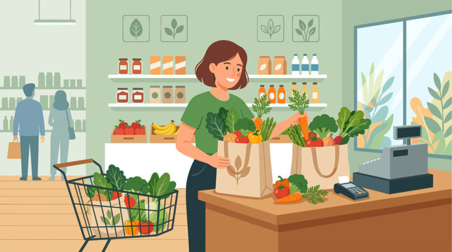 A woman happily unloads fresh produce from a shopping cart into bags at a grocery store checkout counter.