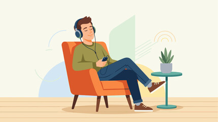 Fototapeta premium A man with closed eyes sits relaxed in an orange armchair, listening to music on headphones and holding a smartphone.