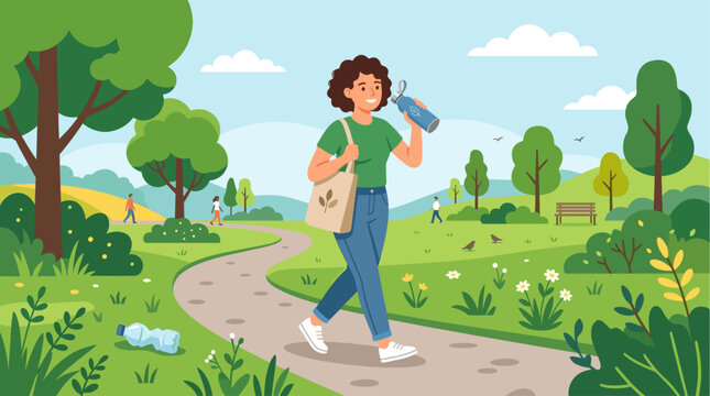 A woman with curly brown hair walks on a path in a park, holding a reusable water bottle and a tote bag. The scene depicts a vibrant green landscape with trees, flowers, and a blue sky with clouds.