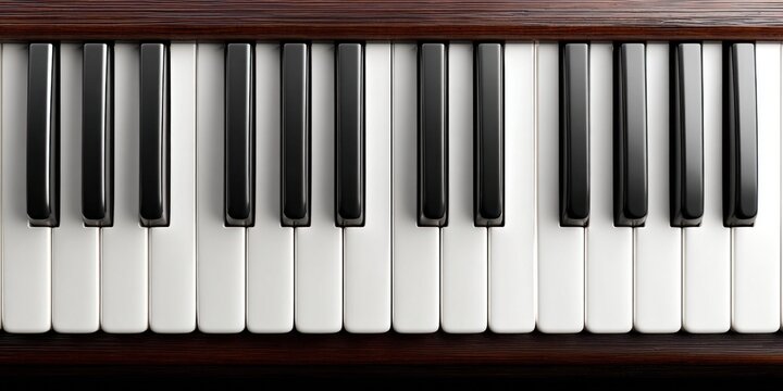 Close-up view of a polished wooden grand piano keyboard with black and white keys
