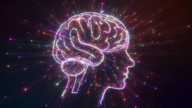 The human brain illuminated by colorful particles symbolizing thought, creativity, and intellect