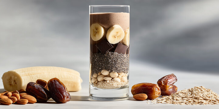 A delicious and healthy smoothie in a glass with several ingredients 