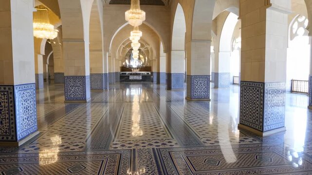 Mosque interior with arches and columns featuring blue and white tiled floors and walls featuring architecture, islamic, geometric with patterns and