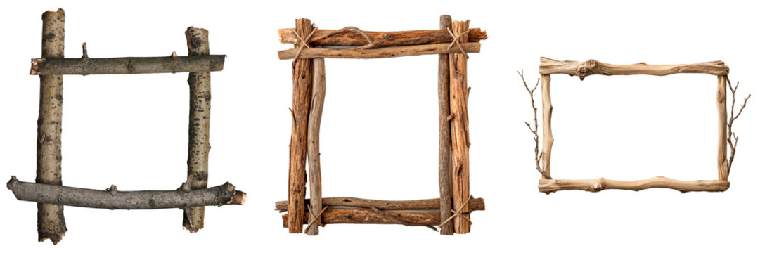 Rustic handcrafted wooden frames made from natural branches, isolated on a transparent background.