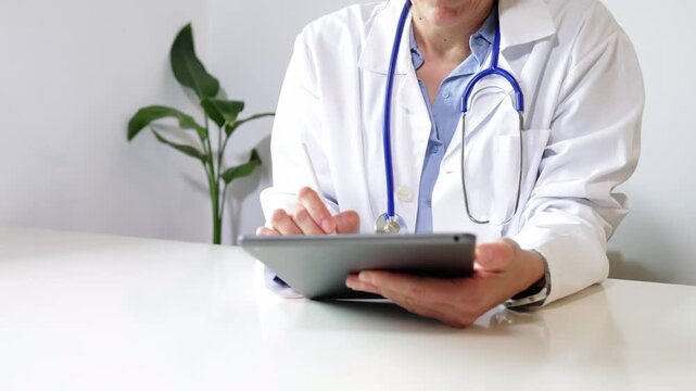 Female doctor with a stethoscope using a digital tablet at her desk in the clinic. Professional general practitioner updating patient records and medical history online