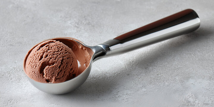 A delicious scoop of chocolate ice cream in a serving spoon