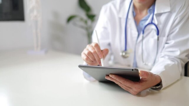 Professional medical doctor in a white lab coat using a digital tablet with a stylus in a modern hospital office, revolutionizing patient care with advanced technology