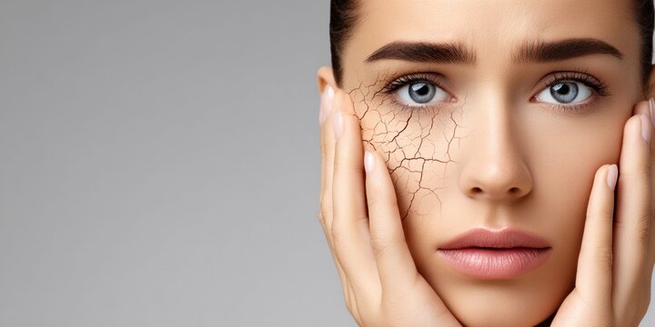 Close-up of a woman's face with dry, cracked skin texture on one side