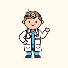 Fototapeta premium A friendly cartoon doctor, wearing a white coat and stethoscope, stands with a welcoming gesture, and smiling on a neutral background