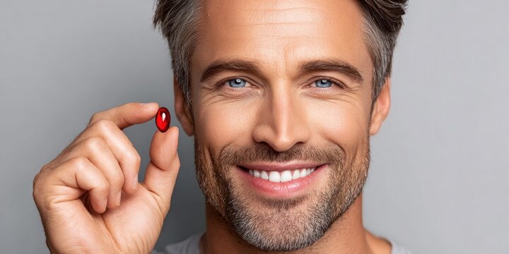 Smiling man with graying hair holds a red capsule between his fingers