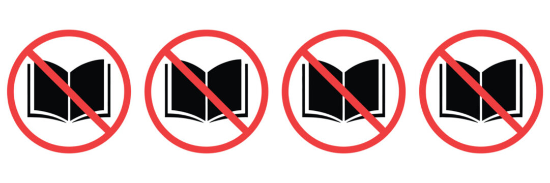 No, books allowed sign featuring prohibition symbol, banned literature and restricted reading concept, modern flat vector illustration for public signage, apps, websites, and digital design