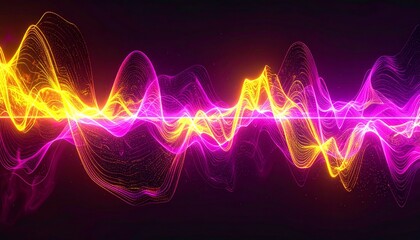 Fototapeta premium Vibrant Sound Wave Visualization With Golden Yellow And Magenta Particles On A Dark Background