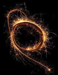 Naklejka premium Golden Sparkler Light Painting Abstract Swirl Pattern Isolated On Black Background