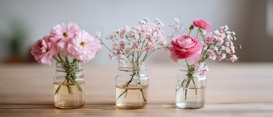 Obraz premium Ranunculus and babys breath vases on light wooden table against white wall in minimalistic style with natural light