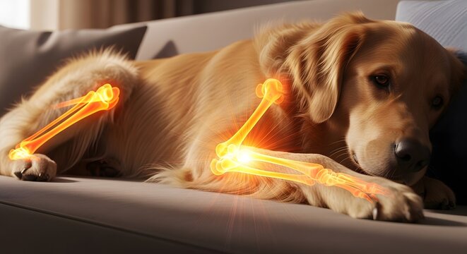 Golden retriever dog joint pain and canine arthritis. Veterinary medicine and pet health care. Dog lying down with glowing skeletal bones showing hip and elbow dysplasia inflammation