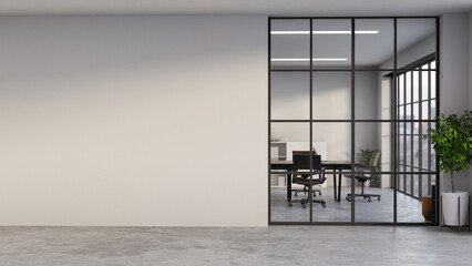 Obraz na płótnie Canvas Potted plant on grey stone floor corridor aside glass wall and white wall of meeting room in office.